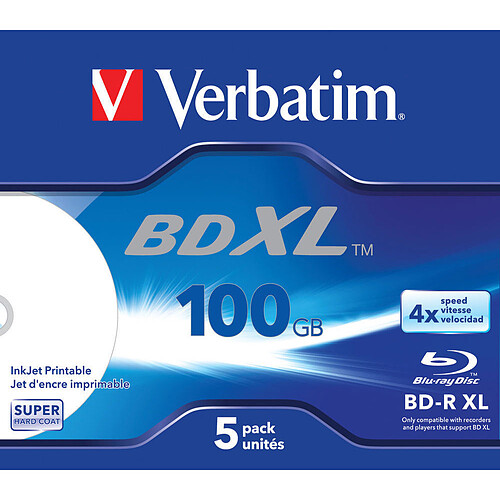 Verbatim BD-R XL 100 Go vitesse 4x imprimable (par 5, boite) pas cher