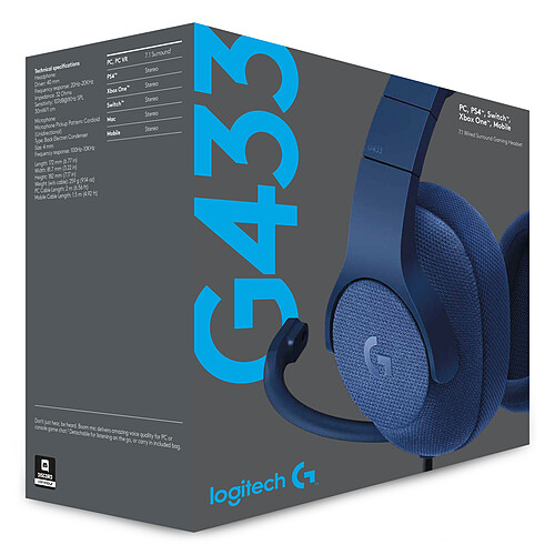 Logitech G433 7.1 Surround Sound Wired Gaming Headset Bleu pas cher