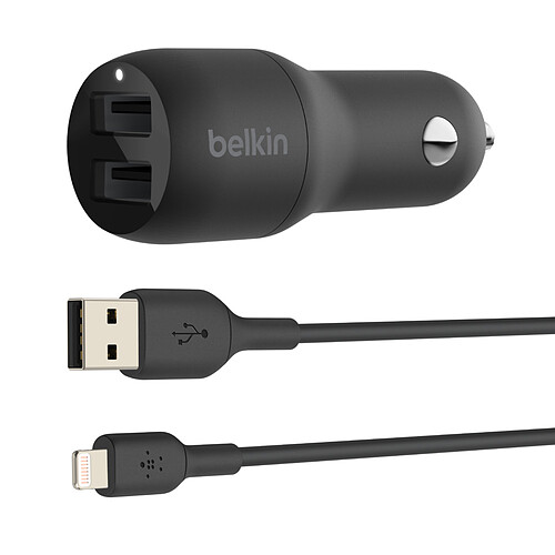 Belkin Boost Charge Chargeur de voiture 2 ports USB-A (24 W) sur prise allume-cigare avec câble USB-A vers Lightning 1 m pas cher