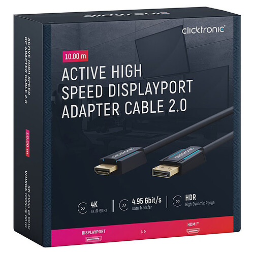 Clicktronic câble adaptateur actif DisplayPort / HDMI 2.0 (10 mètres) pas cher