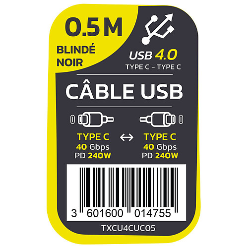 TEXTORM Câble USB-C 4.0 40 Gbps - Mâle/Mâle - 50 CM pas cher