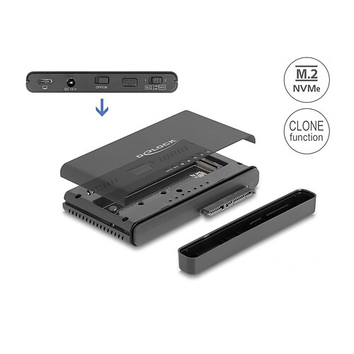 DeLock Convertisseur avec couvercle USB-C pour 1x SSD M.2 NVMe + 1x SATA SSD / HDD avec fonction de Clonage pas cher